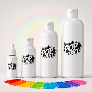 POP ART custom acrylic paint bottles in 30ml, 125ml, 250ml and 900ml sizes