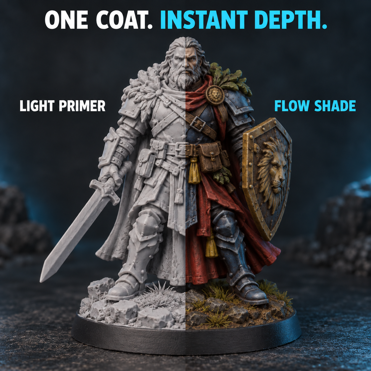 Miniature before and after a coat of POP ART Flow Shade paint