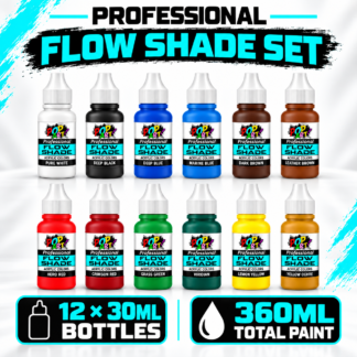 POP ART Flow Shade set containing twelve 30ml bottles and 360ml total paint