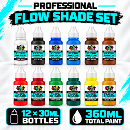 POP ART Flow Shade set containing twelve 30ml bottles and 360ml total paint